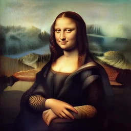 a portrait of lisa la giocondo in italian renaissance chiaroscuro sfumato style. the background is a landscape of rolling hills and mountains. the sky is a light blue, and there are small clouds in the distance.. woman in the painting is shown seated outdoors with her hands folded in her lap. she looks at the camera. she is wearing a simple dress with a pattern of flowers. brunette. her black slightly curly long hair is pulled back from her face and she has a small, she has faint smile.