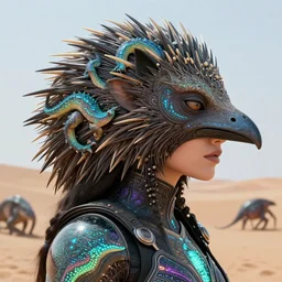 3 d goddess close - up profile portrait with echidna spines. beautiful intricately detailed avante garde kookaburra mask and futurepunk outfit. neon lizards, bio luminescent, sand, dunes, creature, artwork by tooth wu and wlop and beeple and greg rutkowski