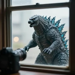 godzilla is looking into my window, clear focus, bokeh effect, high res, hasselblad, dslr, professional, cinematic