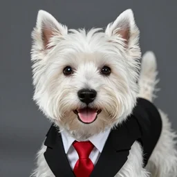 a high detail shot of a west highland white terrier wearing a black suit and red tie, smiling,   realism, 8k