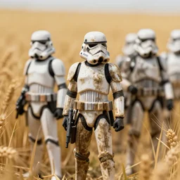 a closeup side view 2 8 mm photo of a star wars imperial dirty filthy muddy stormtrooper squad on patrol through a wheat field during ww 2, sun, moon, smoke, planet, fire, volumetric lighting, action pose, thomas kinkade, ralph mcquarrie, greg rutkowski, detailed illustration, digital art