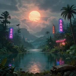 urbex by albert bierstadt, san andreas neon signs cyberpunk morning sun magic realism hyperrealism postcyberpunk tundra lake junglepunk cloudy nightvision sci - fi retrowave steampunk, archdaily, wallpaper, highly detailed, trending on artstation.