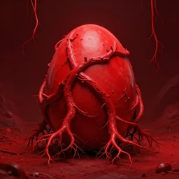 Large red roots and thick red vines covering a giant red glowing egg and the entire room, dark red background, digital art, trending on artstation