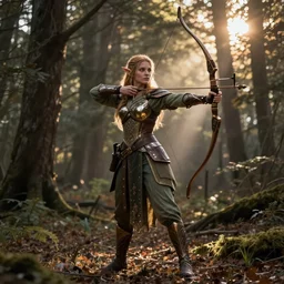 elf princess archer fantasy art, face, body, composition is beautiful and detailed, full body perspective, forest background, mysterious, cinematic, volumetric light, dramatic lighting, wide, photorealistic, hyperrealistic, ultra detailed, intricate, reflections, 8 k, sunrise, trending on artstation