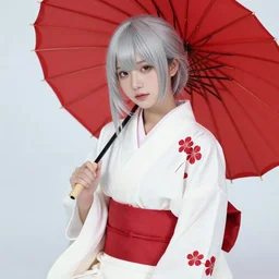 beautiful girl, silver hair, red umbrella, white kimono with red flower patterns, sitting, detailed, looking to camera, full body shot, ilustration by Takehiko Inoue ((and Krenz Cushart))