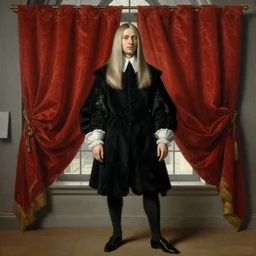 museum painting, wide - shot, photo of tall pale young man, mouse hair, long, smooth shoulder - length!! hair, dressed in 1 7 th century, black clothes, white clothes, gloves, background is the rich curtain!!! on a window, sharp focus, highly detailed, digital art, oil painting, masterpiece, artgerm, rutkowski, mucha, leyende