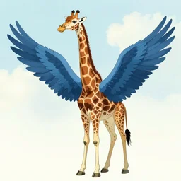 giraffe with big blue feathered wings on its back, full body shot, wings, by studio ghibli