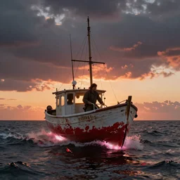 levitating fishing boat embarking on a sea of blood jean giraud cinematic sunset elemental forces