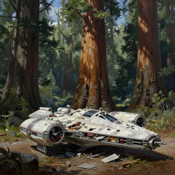 a painting of a crashed star wars spaceship in a giant sequoia forest landscape, a detailed matte painting by peter madsen, featured on artstation, space art, matte painting, matte drawing, reimagined by industrial light and magic