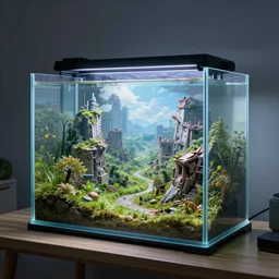 a transparant aquarium on a table, inside a beautiful landscape, outside a destroyed city, digital art, fantasy art, octane render, ureal engine, high detail, very realistic, by greg rutkowski. by james gurney