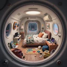 a messy bedroom interior, scifi capsule apartment, painting by Craig Mullins, octane rendering, soft lighting, wide angle lens, worm's-eye view, in the style of Pixar animation, trending on artstation,