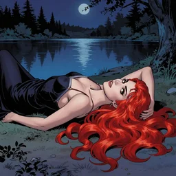 a beautiful comic book illustration of a vampire woman with long red hair laying near a lake at night by Alex Maleev, featured on artstation