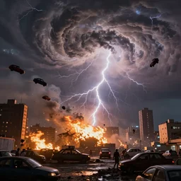 stunning shot of the most incredible hurricane destroying a city, people cars and trucks are flying into the air, lightning, thunderstorm, fire