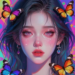 beautiful, young woman, detailed gorgeous face, sad eyes, crying, vaporwave aesthetic, synthwave, colorful, psychedelic, digital art, butterflies, birds, digital painting, artstation, concept art, smooth, extremely sharp detail, uhd, ultra sharp focus, illustration, art by artgerm and greg rutkowski and alphonse mucha