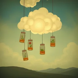 jars dangling from a cloud, symphony of happiness, illustration by james jean and jeremy lipking, influenced by art nouveau