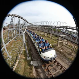 a rollercoaster, tracks of barbed wire, birds eye view, hyperrealistic, fisheye