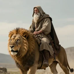 old man ( wise long white beard wearing a hooded tunic ) riding on lions back, epic digital art trending on artstation, superb detail 8 k