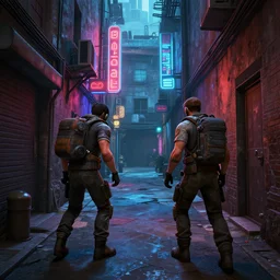 an alley from counter strike global offensive by moebius and kilian eng, atmospheric, fine details, vivid, neon, masterpiece