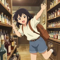 anime frames, portrait of a young female traveler in a alchemist's potion shop interior shopping, cute face by yoshinari yoh, dynamic perspective pose, lomography, hdr, ilya kuvshinov