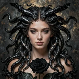 , medusa, symmetrical portrait, realistic, full body, black rose, rich detail, by wlop, karol bak photo - grade