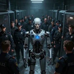 authoritarian robot cops herd young men into security cells in a fascist police state, art by manuel sanjuian and george tooker and james paick, cinematic, spooky science fiction, digital illustration, 8 k resolution, hyperrealism