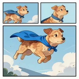 light brown female dog wearing a blue cape, she's flying through the sky. Comic strip. As photograph.
