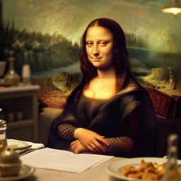 Tired Mona Lisa working at The Olive Garden on the night shift, DSLR photo, 4k