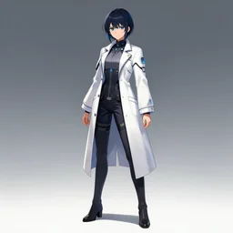 a full body concept art character design of a female anime scientist wearing a futuristic labcoat, a sci - fi character concept by makoto aida, trending on artstation, digital art, concept art, official art