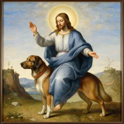 A religious painting of Jesus riding a dog
