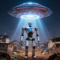 ROBOT of AJEGUNLE SLUMS of Lagos inside African JESUS CHRIST about AESTHETICS surrounding large UFO within NEON rays of light,