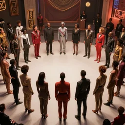 love, diverse black cybersuits, from behind, connection rituals, wide wide angle, vivid, elaborate, highly detailed, beautiful lighting