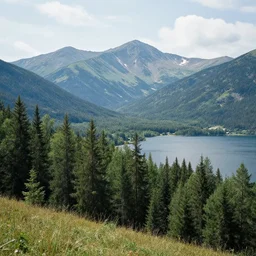 mountains, trees, and lake, by anton fadeev