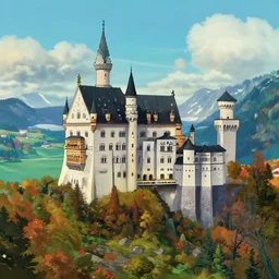 a wholesome animation key shot, castle in the middle, swiss alps in the background, autumn foliage in the foreground, studio ghibli, pixar and disney animation, sharp, rendered in unreal engine 5, anime key art by greg rutkowski, bloom, dramatic lighting