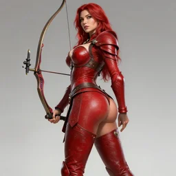 Female archer, dnd, d&d, leggins, red skintight ornamental leather armor, red hair, Low-Angle, visible face!, beautiful face!, sensual, D-cup, toned derriere, high fantasy, realistic!, extremely detailed, matte painting, by wlop and Frank Franzzeta, artstation, cgsociety