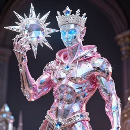 hyper detailed ultra sharp portrait of baroque and bladerunner delicate neon diamond sculpture of seductive muscular albino young king, diamond pink sphinx iridescent humanoid deity wearing metallic hoody made out of hands holding the sun prismatic dungeon, glowing blue face, crown of white diamonds, cinematic lighting, photorealistic, octane render 8 k depth of field 3 d