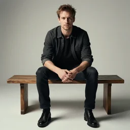 Mr Brean sitting on bench, studio photography, 8k resolution