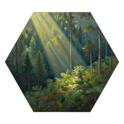 a beautiful painting of a forest top down view on a hexagon chit