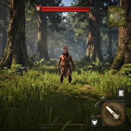 a the forest game screenshot with one tribal enemy in the middle of the screenshot the player is holding a axe ultra realistic