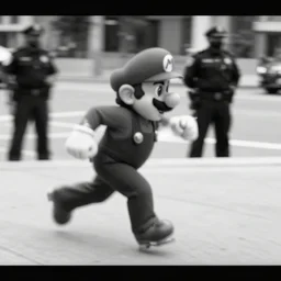 mario running from the cops, cctv camera footage, camera footage, blurry camera footage, black and white