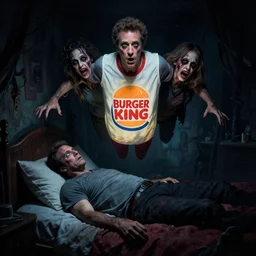 horrific nightmare of tim allen jerry seinfeld and the burger king mascot hovering over your bed dimly lit barely visible nightmare dream art on candy valley scary creepy haunted faces