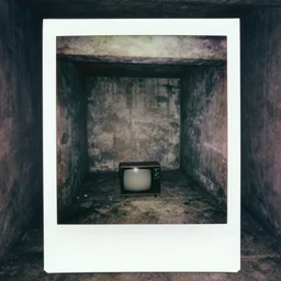dark concrete room with a tv on the ground inna dark doorway, creepy, eerie, old polaroid, expired film,