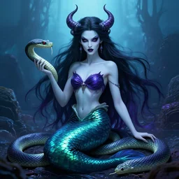 character portrait of the very evil!!! Mermaid Princess of hell, pet snake color page, 4K, tone mapping, doll, action shot, Akihiko Yoshida, James_Jean_Andrei_Riabovitchev_Marc_Simonetti, Yoshitaka Amano, digital illustration, braided hair, ringlet, curls, Trending on PixArt