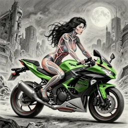 highly detailed, intricate, elegant, beautiful female!!! riding a ( kawasaki ninja )!!, post apocalyptic city landscape, wide angle lens, dramatic lighting, apocalyptic cityscape in the background, ( correct human anatomy )!!!!!, by david finch, pencil and ink, full moon, full colour