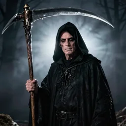 ultra realistic backlit spooky photograph of maury povich with black hood and scythe is grim reaper