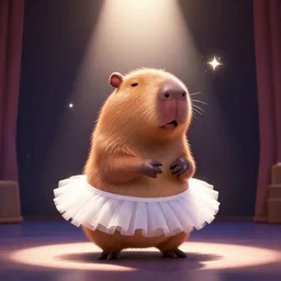 Pixar type render of a capybara in a white tutu center stage with one light pointing at him sparkles and tension for the audition
