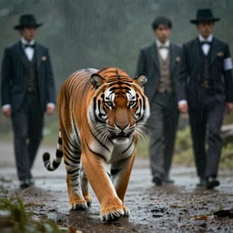 A tiger walking in the rain, cinematic lighting, dramatic atmosphere, by Dustin Nguyen, Akihiko Yoshida, Greg Tocchini, Greg Rutkowski, Cliff Chiang, 4k resolution,  trending on artstation,1900s