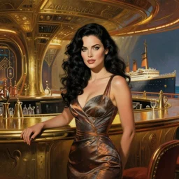 beautiful woman with long wavy curly black hair and green eyes, wearing a cocktail dress. she is in the bar of the atlantis paradise, a retro futuristic spaceship made of brass bronze gold, art deco influence, hotel style design. bioshock, starship titanic. clean, well composed painting by artgerm and greg rutkowski.