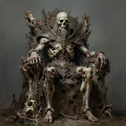 withered old king sitting on a throne of rotting bones, highly detailed painting by seb mckinnon, 8 k
