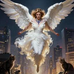 hyperrealistic portrait of an angel woman descending onto a bladedrunner city of cats wearing white swan dress long feathers and sapphire jewellery by jeremy mann and alphonse mucha, fantasy art, photo realistic, dynamic lighting, artstation, poster, volumetric lighting, very detailed faces, 4 k, award winning