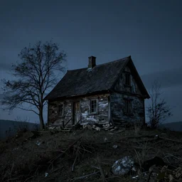 A dark decrepit cottage on a hilltop at night, by Bastien LeCouffe-Deharme, hyperrealistic, Cryengine 8k UHD